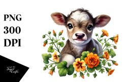 Smiling Baby Highland Cow with Nasturtium Product Image 1