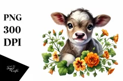 Smiling Baby Highland Cow with Nasturtium Product Image 1