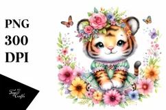 Smiling Baby Tiger Dressed in Whimsical Flowers | Clipart Product Image 1