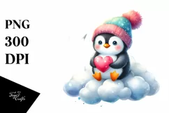 Colorful Cute Penguin Heart Sitting on Cloud, PNG Product Image 1