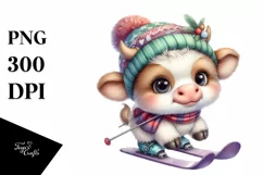 Watercolor Baby Cow Playing Skiing Product Image 3