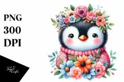 Smiling Baby Penguin Dressed in Whimsical Flowers | Clipart Product Image 1