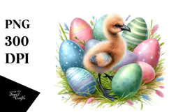 Baby Flamingo in Grass with Easter Eggs, PNG Product Image 1