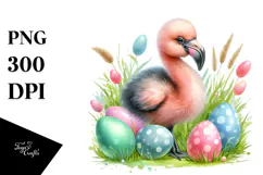 Baby Flamingo in Grass with Easter Eggs, PNG Product Image 1