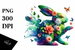 Abstract Bunny with Plant Leaves and 3D Flowers PNG Product Image 1