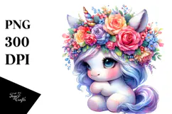 Cute Unicorn with Floral Wreath PNG Product Image 1
