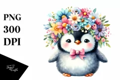 Smiling Baby Penguin Dressed in Whimsical Flowers | Clipart Product Image 3
