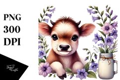 Smiling Baby Highland Cow, Lobelia Floral Frame PNG Product Image 1