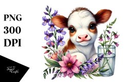 Smiling Baby Highland Cow, Lily Floral Frame PNG Product Image 1
