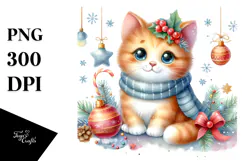 cute Watercolor Cat with Christmas Decorations, Transparent Product Image 1