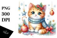 cute Watercolor Cat with Christmas Decorations, Transparent Product Image 1