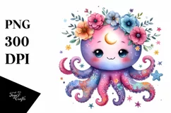 Cute Baby Octopus Whimsical Moon Flowers | Sublimation Product Image 3
