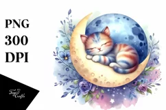 Colorful Baby Cat Napping Moon Clipart Product Image 1