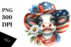 Cow Portrait Wearing USA Flag Colors Sun Hat | Clipart Product Image 1