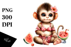 Digital Watercolor with Cute Baby Monkey, Transparent PNG Product Image 1