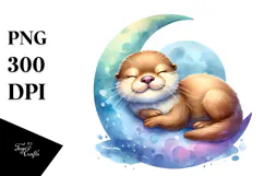 Cute Baby Otter Sleeping on the Moon PNG Product Image 1