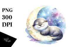 Cute Baby Otter Sleeping on the Moon PNG Product Image 1