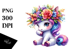 Cute Unicorn Playing with Floral Wreath PNG Product Image 1