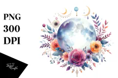 Vibrant Boho Moon with Flowers and Foliage Clipart Product Image 1