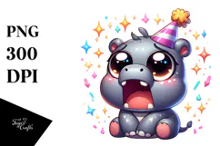 Silly Cartoon Hippo with Party Hat PNG Product Image 1