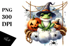 Watercolor Halloween Frog Sitting on Cloud PNG Product Image 1