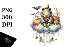Watercolor Halloween Frog Sitting on Cloud PNG Product Image 1