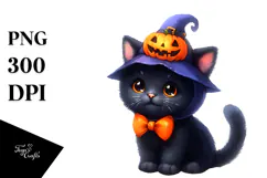 Simple Watercolor Halloween Baby Black Cat with Pumpkin PNG Product Image 1