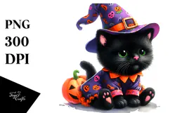 Simple Watercolor Halloween Baby Black Cat with Pumpkin PNG Product Image 1