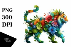 Abstract Tiger with Plant Leaves and 3D Flowers PNG Product Image 3