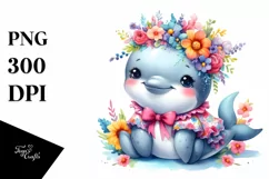 Cute Baby Dolphin Dressed in Whimsical Flowers | Sublimation Product Image 3