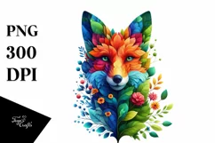 Abstract Vibrant Watercolor Fox with Plant Leaves JPEG Product Image 1