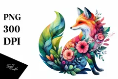 Abstract Vibrant Watercolor Fox with Plant Leaves JPEG Product Image 3