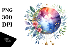 Vibrant Abstract Moon with Foliage and Stars Clipart Product Image 1