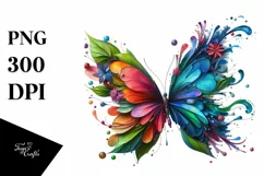 Abstract Vibrant Watercolor Butterfly with Plant Leaves JPEG Product Image 3