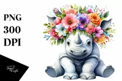 Sitting Rhino with Flower Crown PNG Product Image 1
