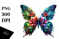 Abstract Vibrant Watercolor Butterfly with Plant Leaves JPEG Product Image 3