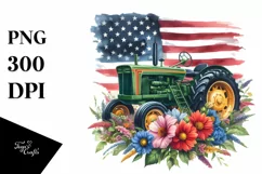 Tractor USA Flag Vintage Flowers Centered Watercolor | Product Image 1