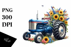 Tractor USA Flag Vintage Flowers Centered Watercolor | Product Image 1