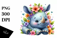 Whimsical Flowers Baby Rhino | Sublimation Clipart Product Image 1