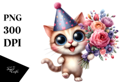 Expressive Watercolor Cat with Flower Bouquet Clipart Product Image 1