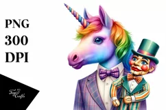 Baby Unicorn with Ventriloquist Dummy, Watercolor PNG Product Image 1