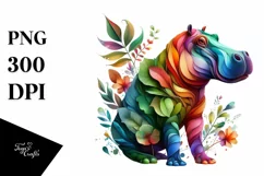 Abstract Hippo with Plant Leaves and 3D Flowers PNG Product Image 1