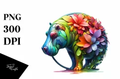 Abstract Hippo with Plant Leaves and 3D Flowers PNG Product Image 1