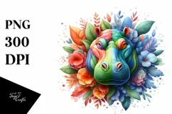 Abstract Hippo with Plant Leaves and 3D Flowers PNG Product Image 1