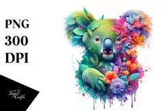 Abstract Koala with Plant Leaves and 3D Flowers PNG Product Image 1