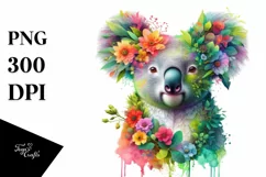 Abstract Koala with Plant Leaves and 3D Flowers PNG Product Image 3