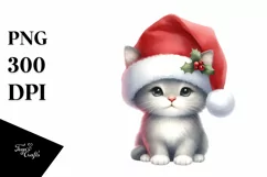 Cat with Santa Hat Watercolor Christmas PNG Product Image 1