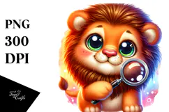 Smiling Lion with Magnifying , Watercolor PNG Product Image 1