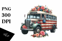 Vintage Bus USA Flag Colors Centered Watercolor | Product Image 1