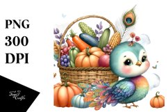 Quirky Baby Peacock Holding Basket Filled with Autumn Product Image 1